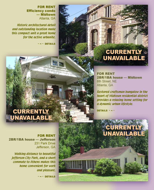 Properties for rent and sale in Midtown Atlanta and Jefferson, Georgia.