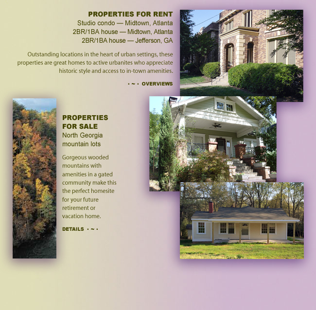 Properties for rent and sale in Midtown Atlanta and Jefferson, Georgia.